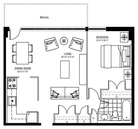 Floor plan for 1 bed, 1 bath, 658 sqft